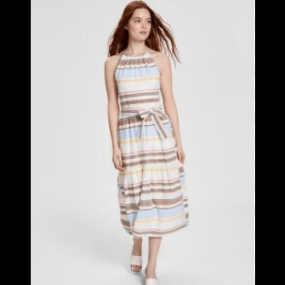 Brand New Women's DKNY Cotton Halter-Neck Midi Belted Dress - Picture 1 of 10